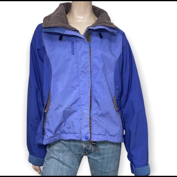 Marmot Women’s Size L Blue Hooded Winter Ski Jacket Coat w/ Gray Fleece Lining - Picture 1 of 4